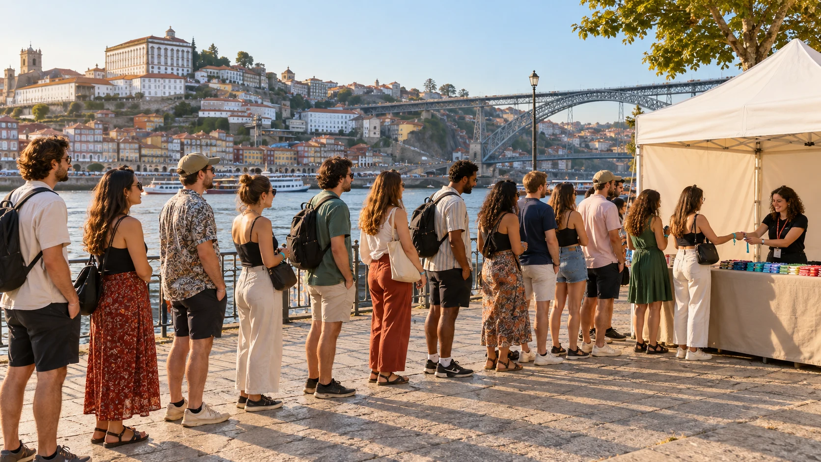 Vista da zona ribeirinha do Porto ao final da tarde, com edifícios históricos coloridos e pessoas a passear