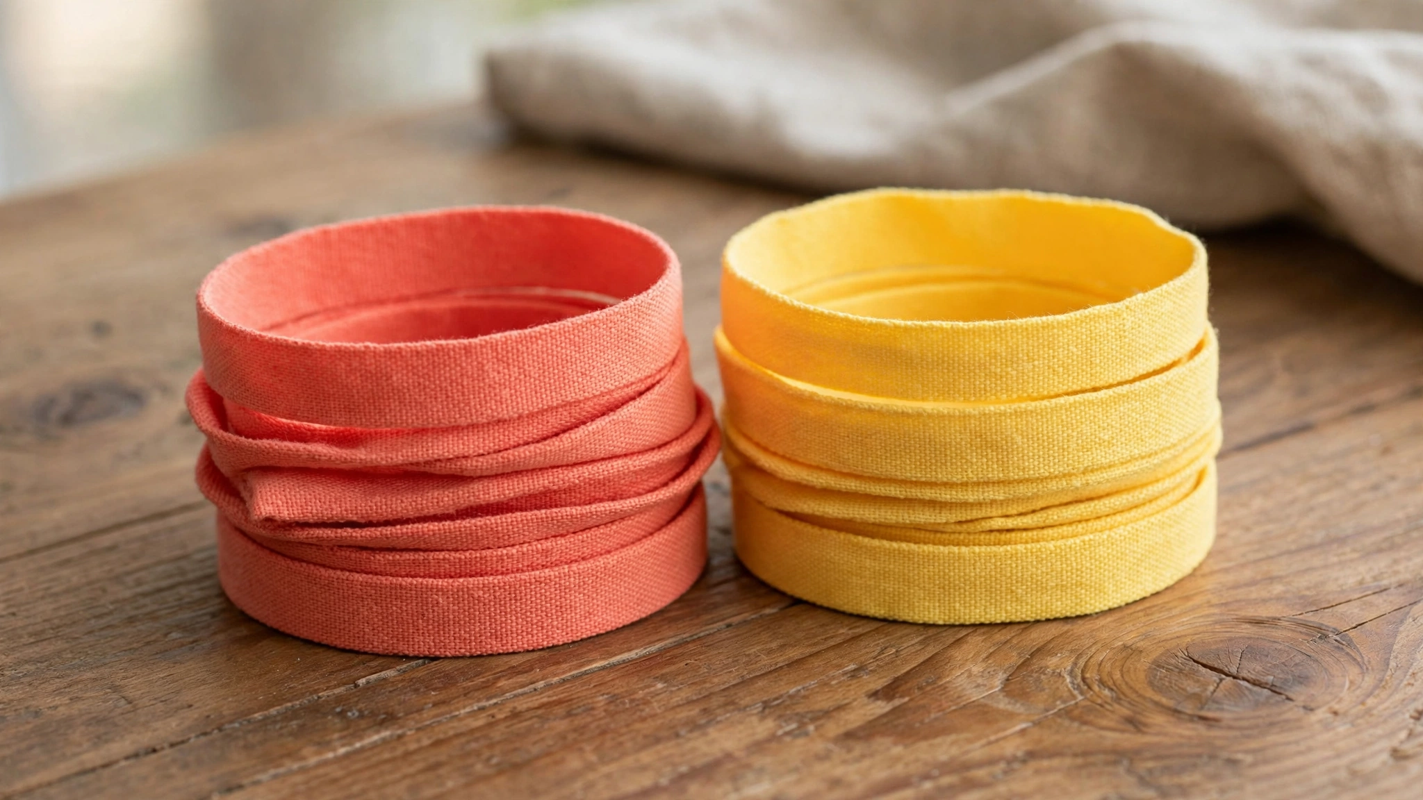 Pilha de pulseiras de tecido em tons de coral e amarelo sobre uma mesa de madeira