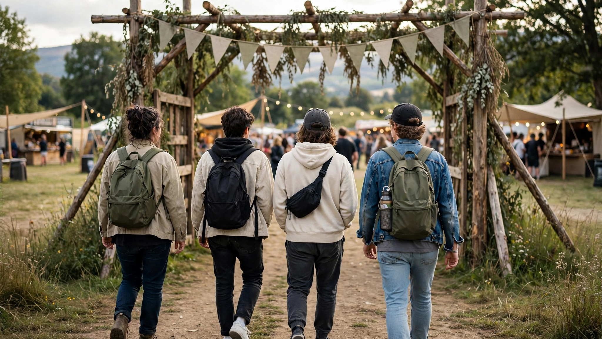 Grupo de amigos a caminhar em direcção à entrada de um festival ao ar livre, cena espontânea e ampla