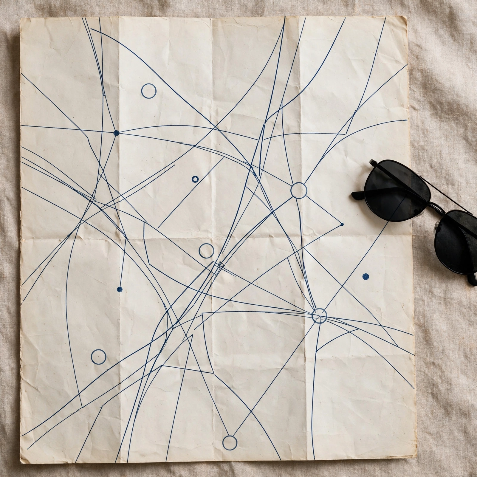 Mapa de evento em papel com linhas abstractas e marcadores ao lado de óculos de sol