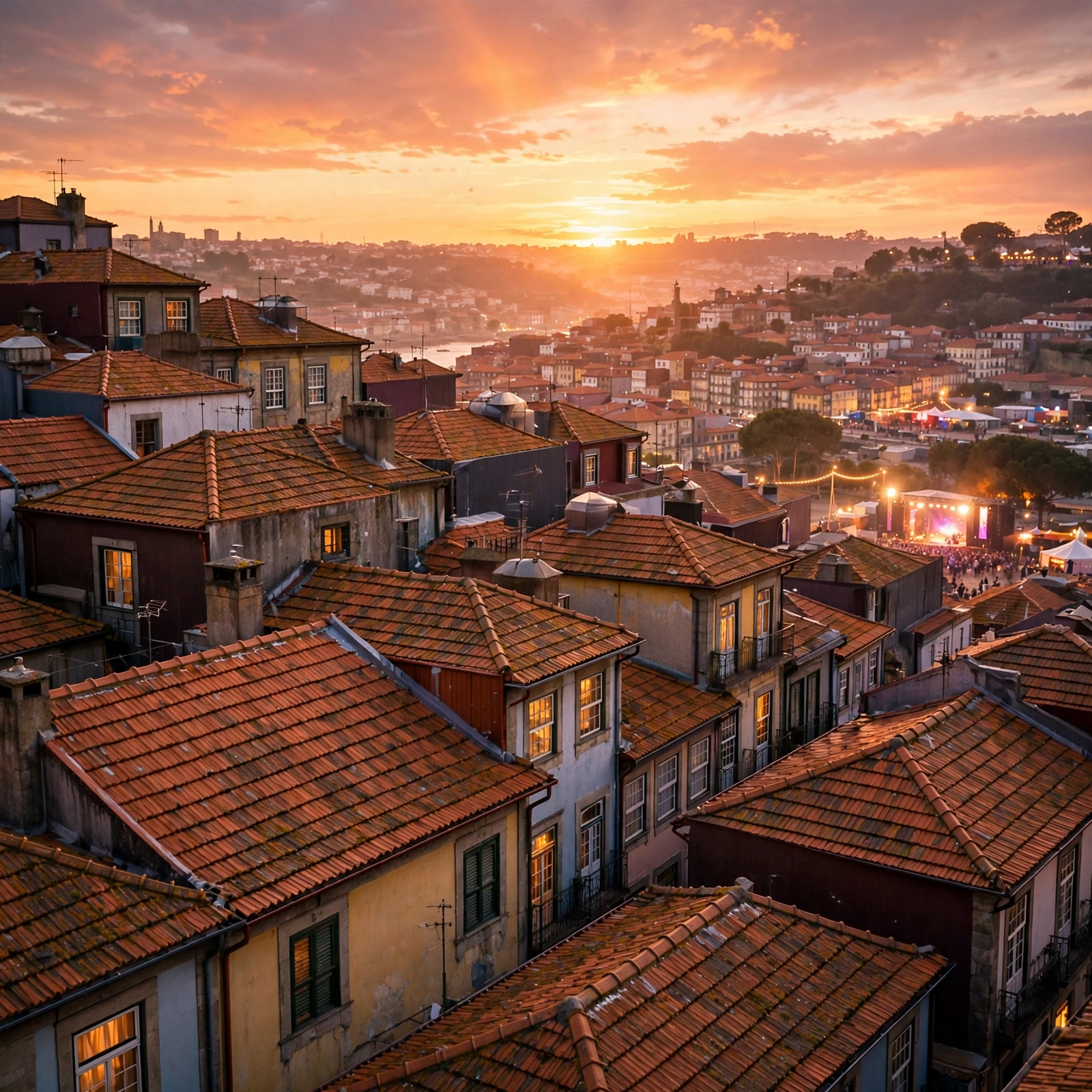 Pôr do sol sobre os telhados do Porto com cores quentes e atmosfera distante de festival de música